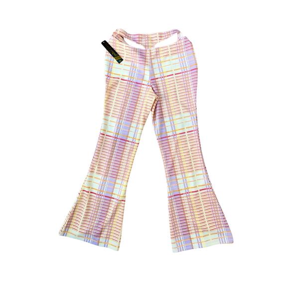 Y2K Like an Angel Plaid Cut out Butt Multicolored Flared Pants Women's sz XL NWT - Picture 2 of 10